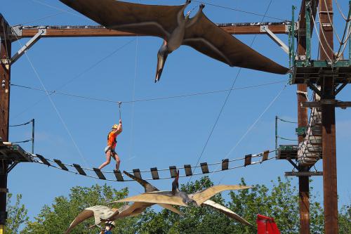Jongen balanceert op de houten treden van het hoogteparcours bij Dinoland Zwolle te midden van grote vliegende dino's